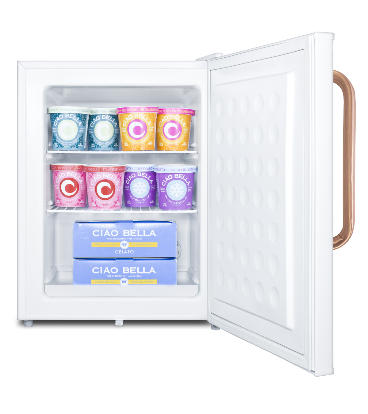 Compact manual defrost all-freezer for medical/general purpose use, with pure copper handle, lock, and factory-reversible door
